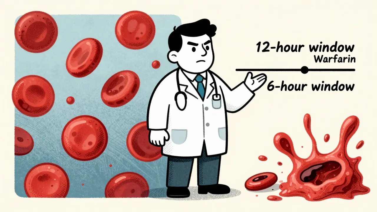 Doctor explaining medication timing windows with blood cell graphics