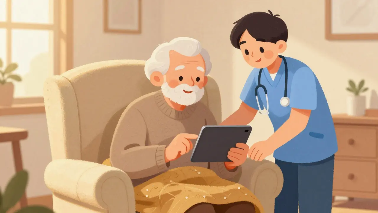 Elderly person and caregiver sharing a moment with a tablet device