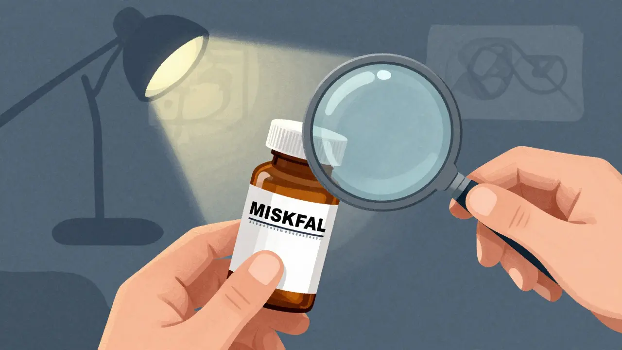 Hands inspecting medicine bottle seal for safety in cartoon style
