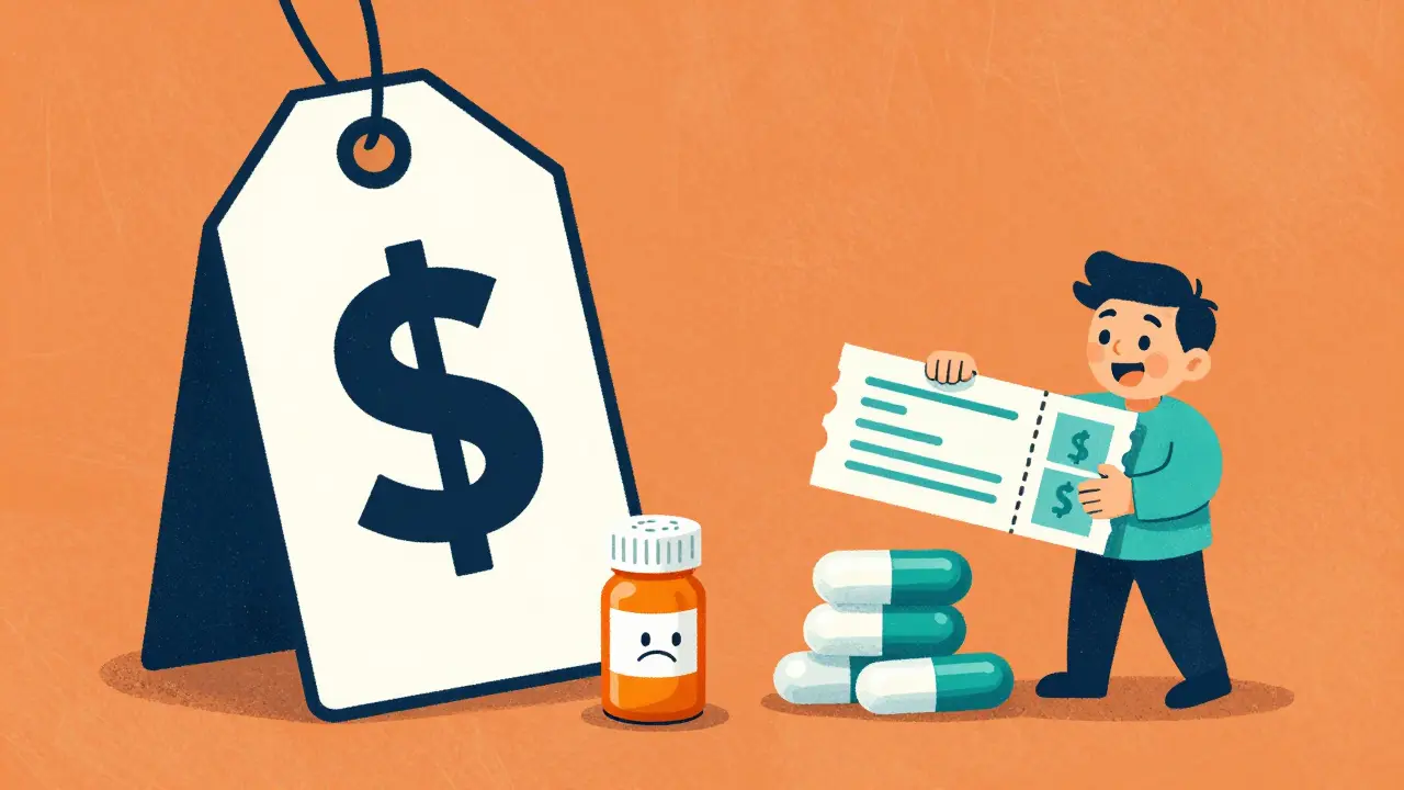 Illustration comparing high retail drug prices to discounted costs