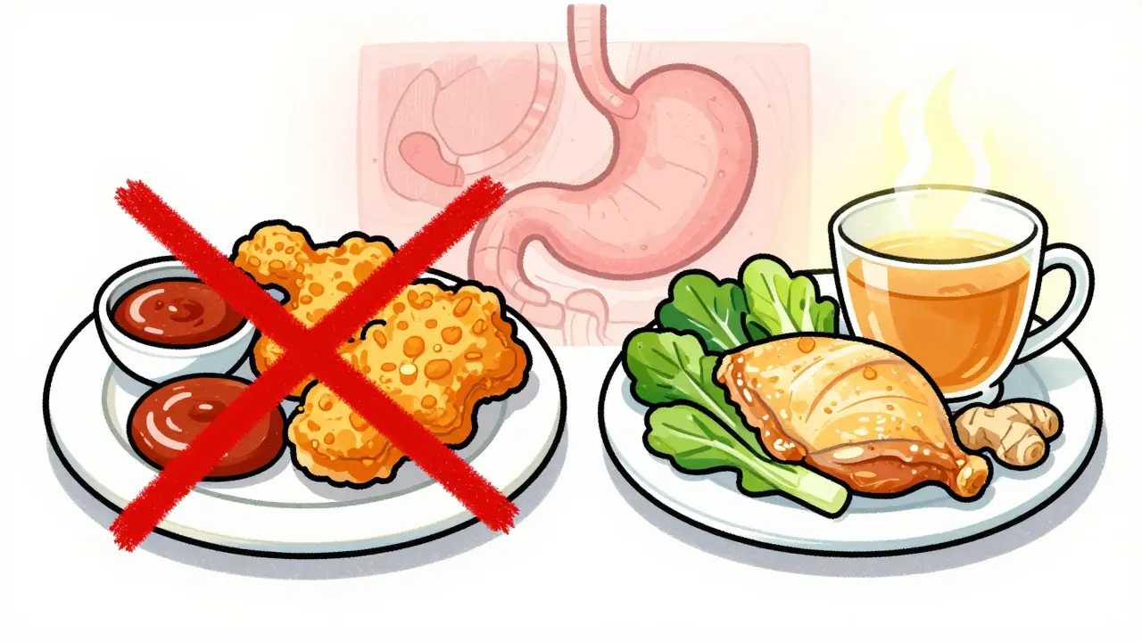 Illustration comparing unhealthy fried foods with healthy lean proteins and ginger tea