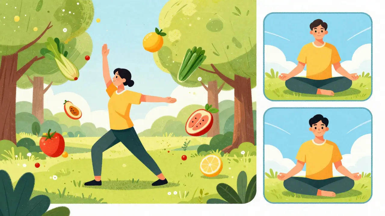 Illustration of a person exercising and eating healthy food, symbolizing proactive survivorship lifestyle.