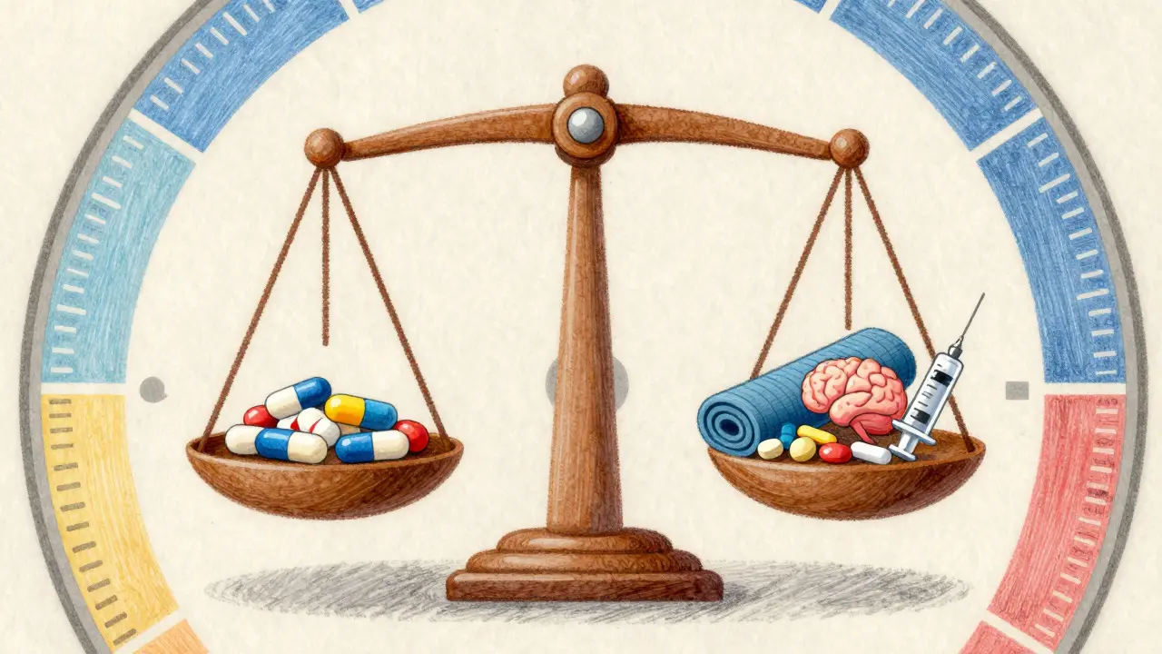 Illustration of balanced pain management options using various therapies.
