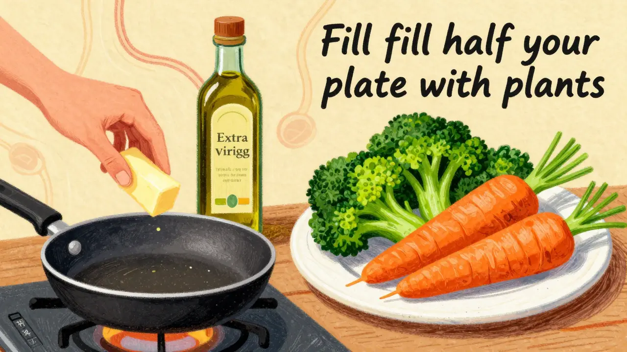 Illustration showing swapping butter for oil and filling plates with vegetables.