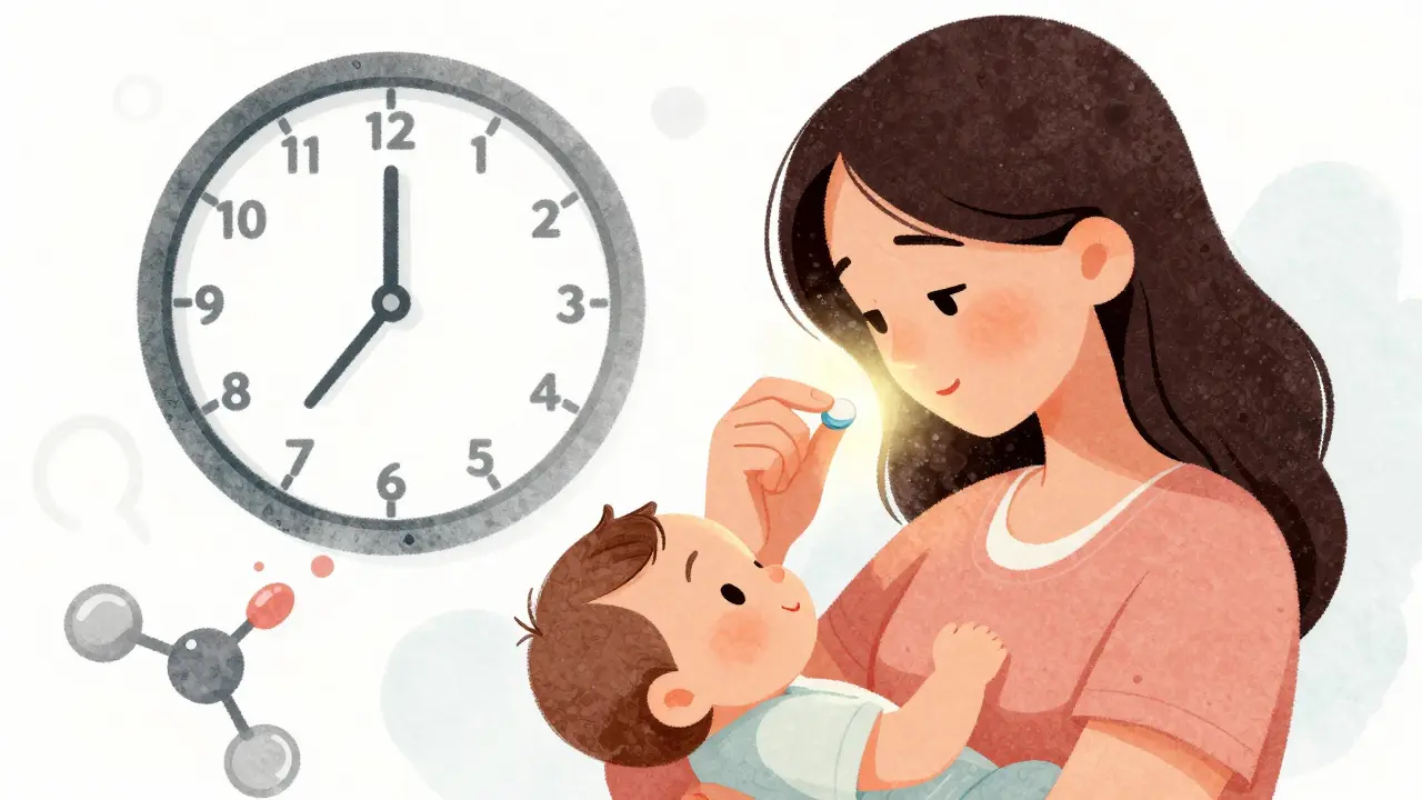 Mother taking medicine after breastfeeding baby
