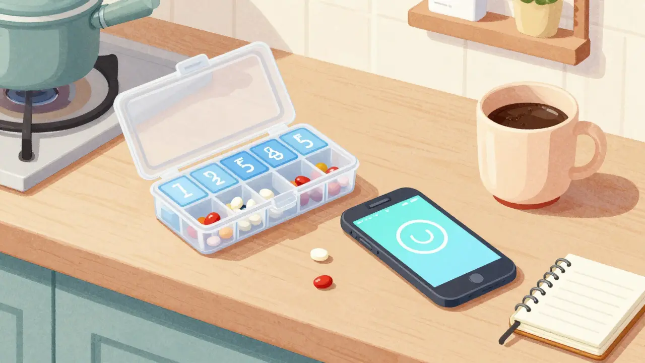 Organized pill box and phone alarm on kitchen counter