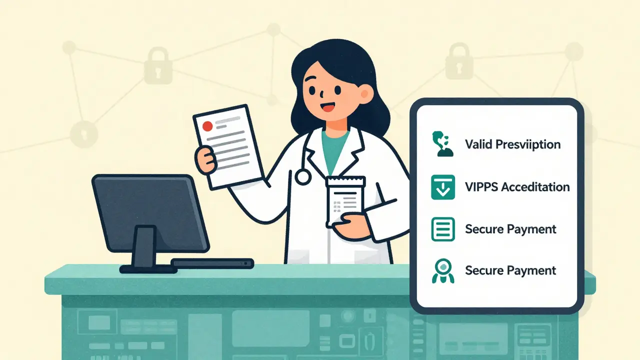 Pharmacist verifying prescription for safe online medication purchase