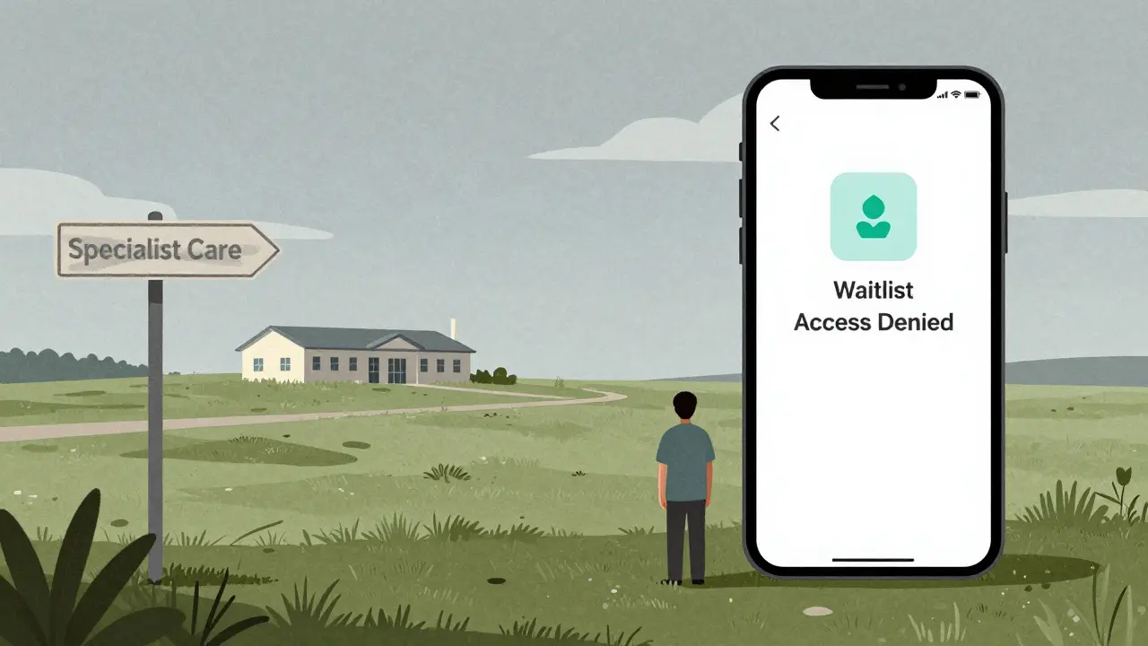 Rural clinic scene illustrating healthcare access challenges in cartoon style.