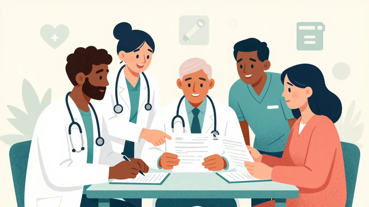 Textured cartoon of a diverse medical team collaborating around a table to coordinate patient care.