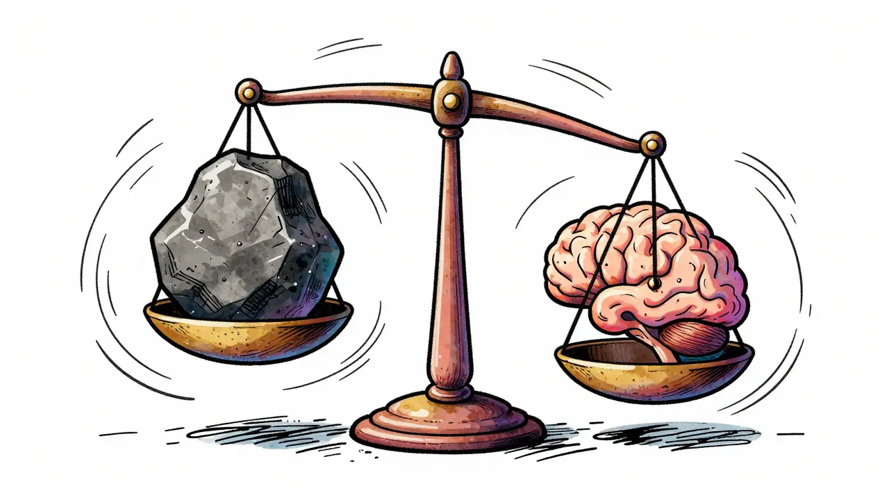 A tipping balance scale illustrating neurological imbalance in illustration style