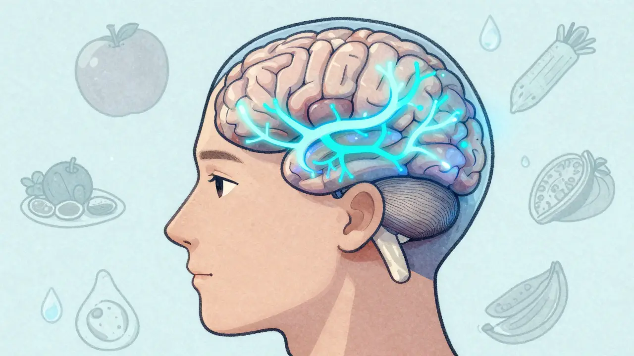 Artistic depiction of brain activity signaling fullness and reducing hunger cravings.