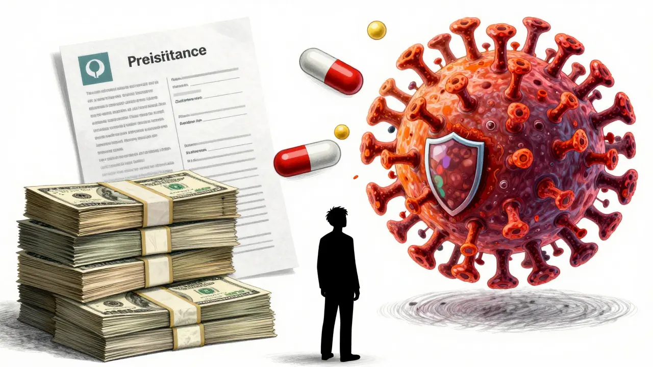 Cancer cell evolving resistance while patient faces financial burden of treatment costs.