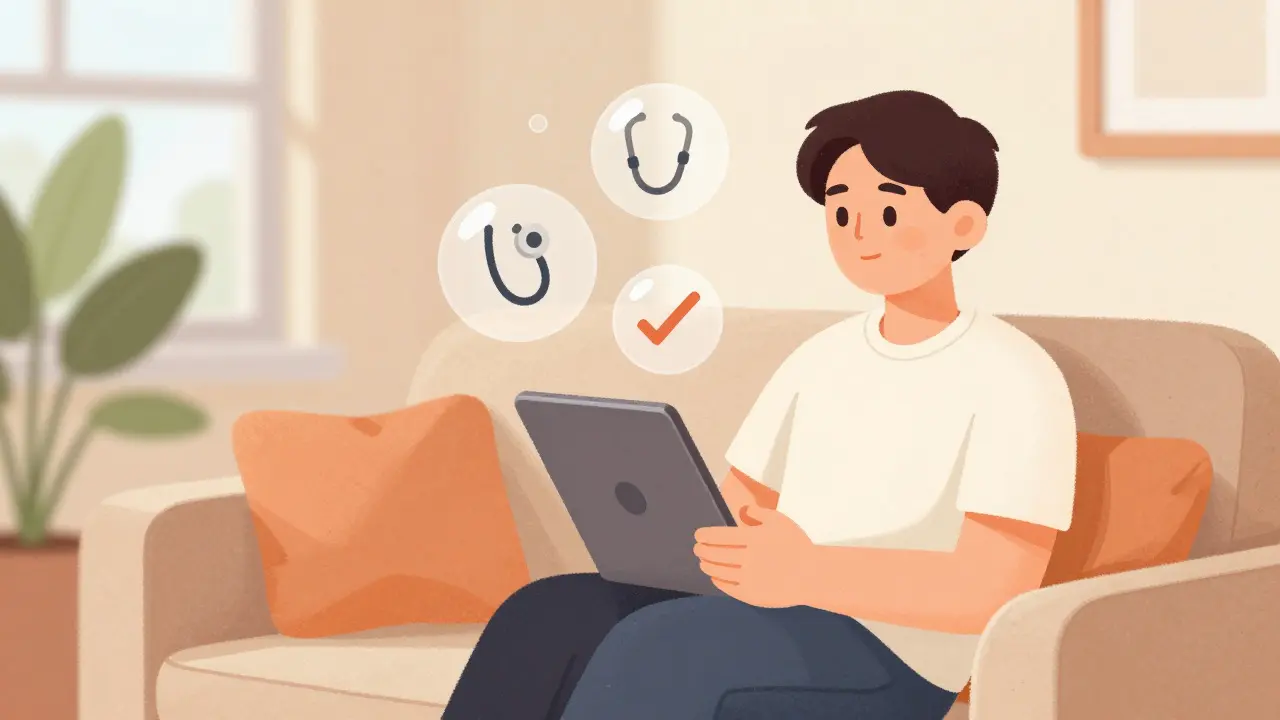 Cartoon style drawing of a person using a tablet for a telehealth visit