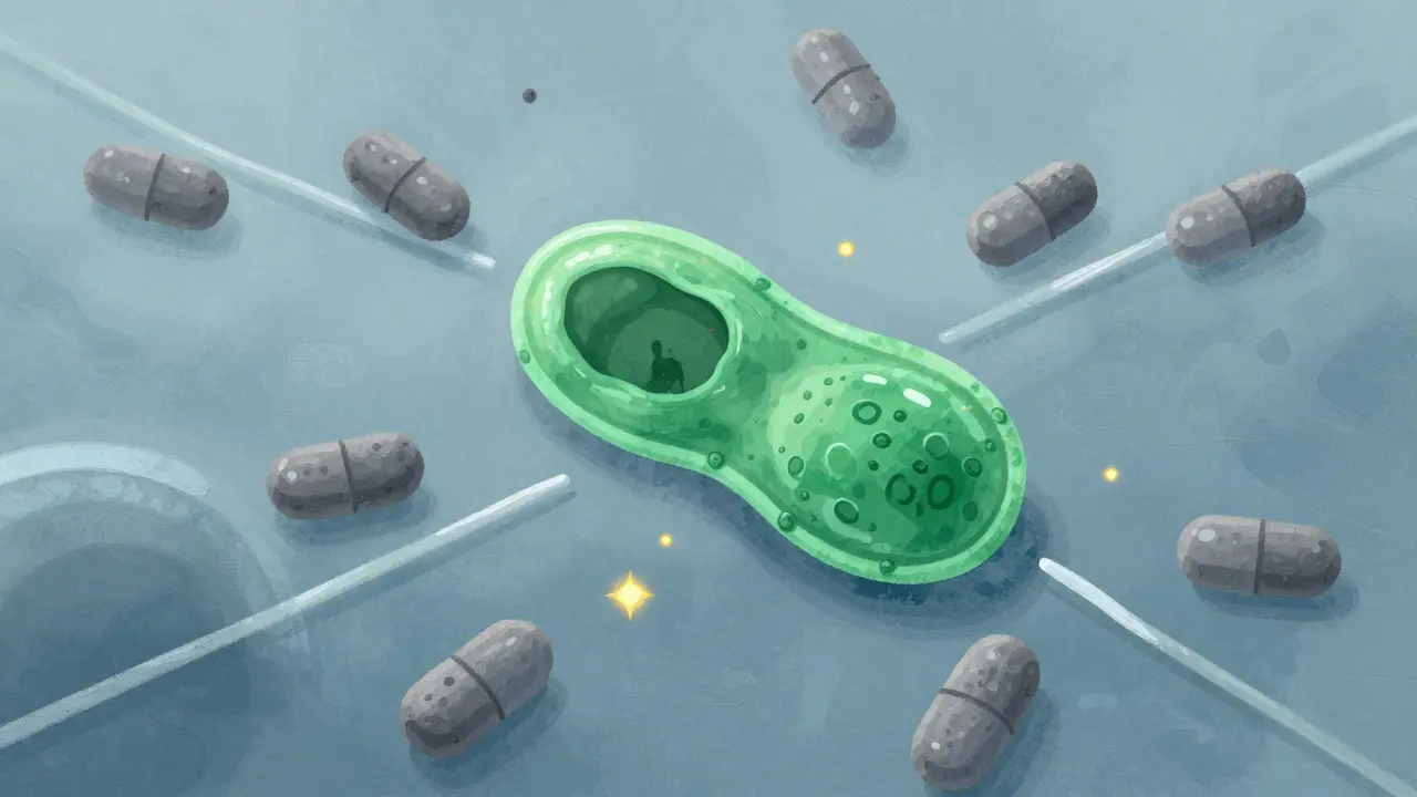 Conceptual art showing depleted mitochondria and blocked CoQ10 pathways due to statins.