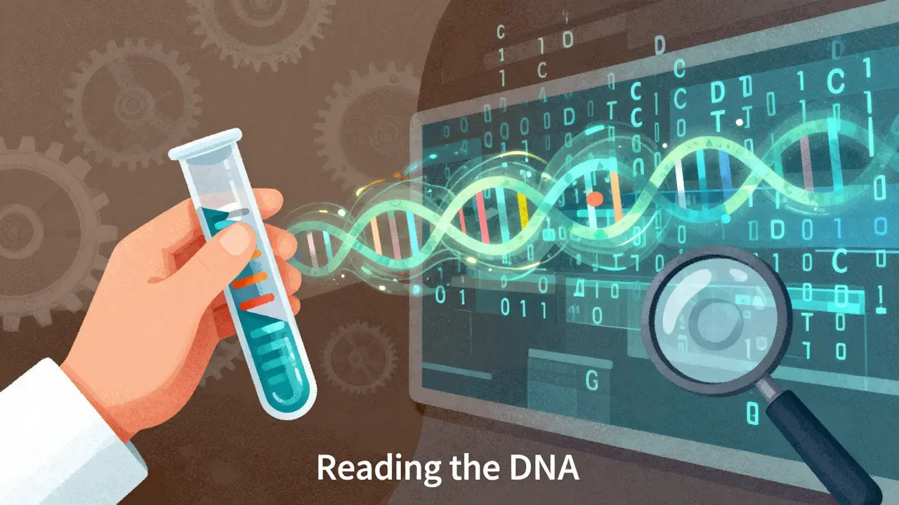 DNA sequencing process transforming biological samples into digital genetic data streams.