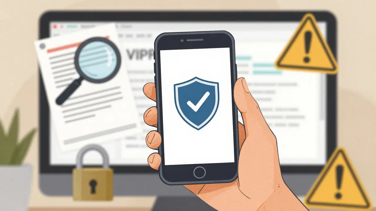 Hand holding phone with safety shield icon, verifying legitimate online pharmacy.