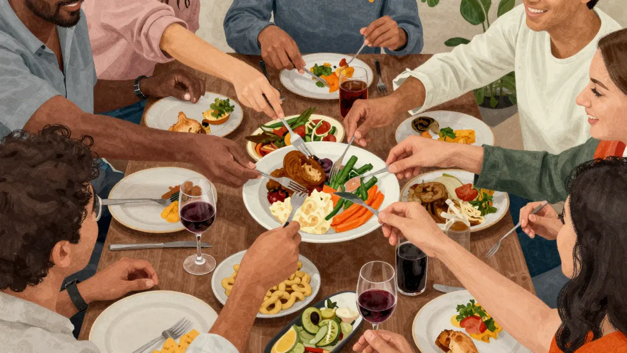 Hands reaching for shared food and drinks at a crowded table