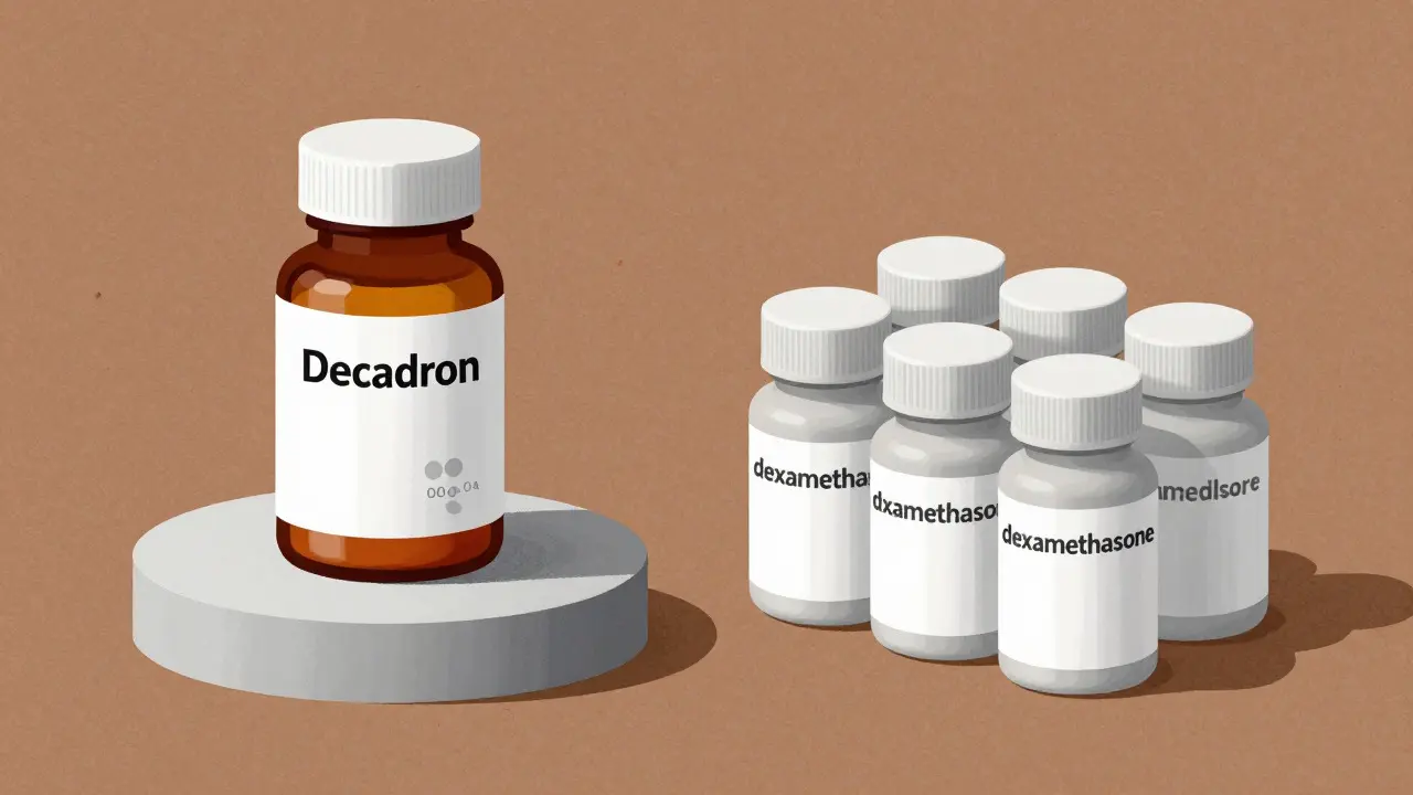 Illustration comparing expensive brand-name meds with affordable generic alternatives.