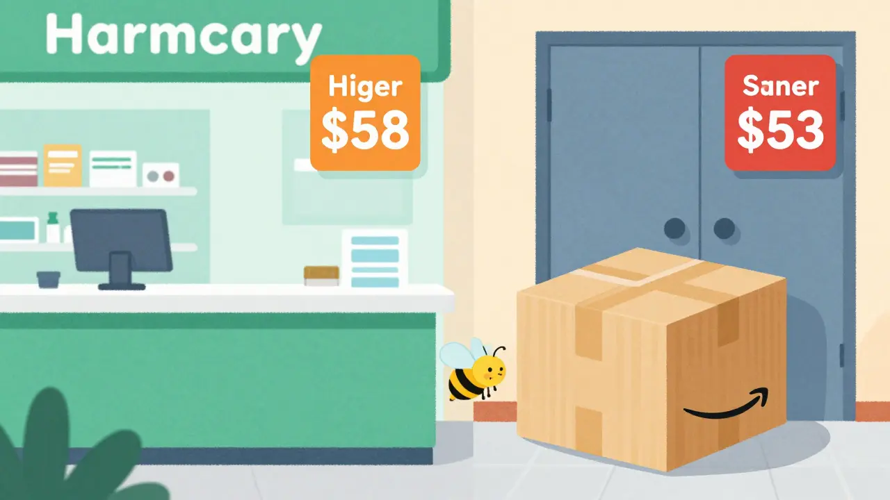 Illustration comparing high local pharmacy prices with low online delivery costs