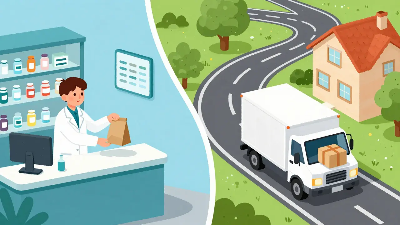 Illustration comparing pharmacy pickup and home delivery of medication