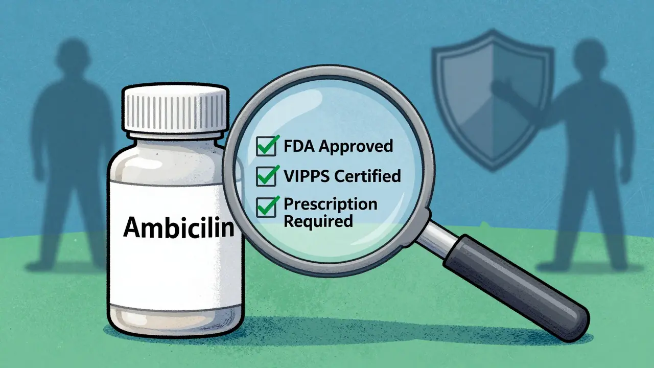 Magnifying glass verifying safety certifications on pill bottle