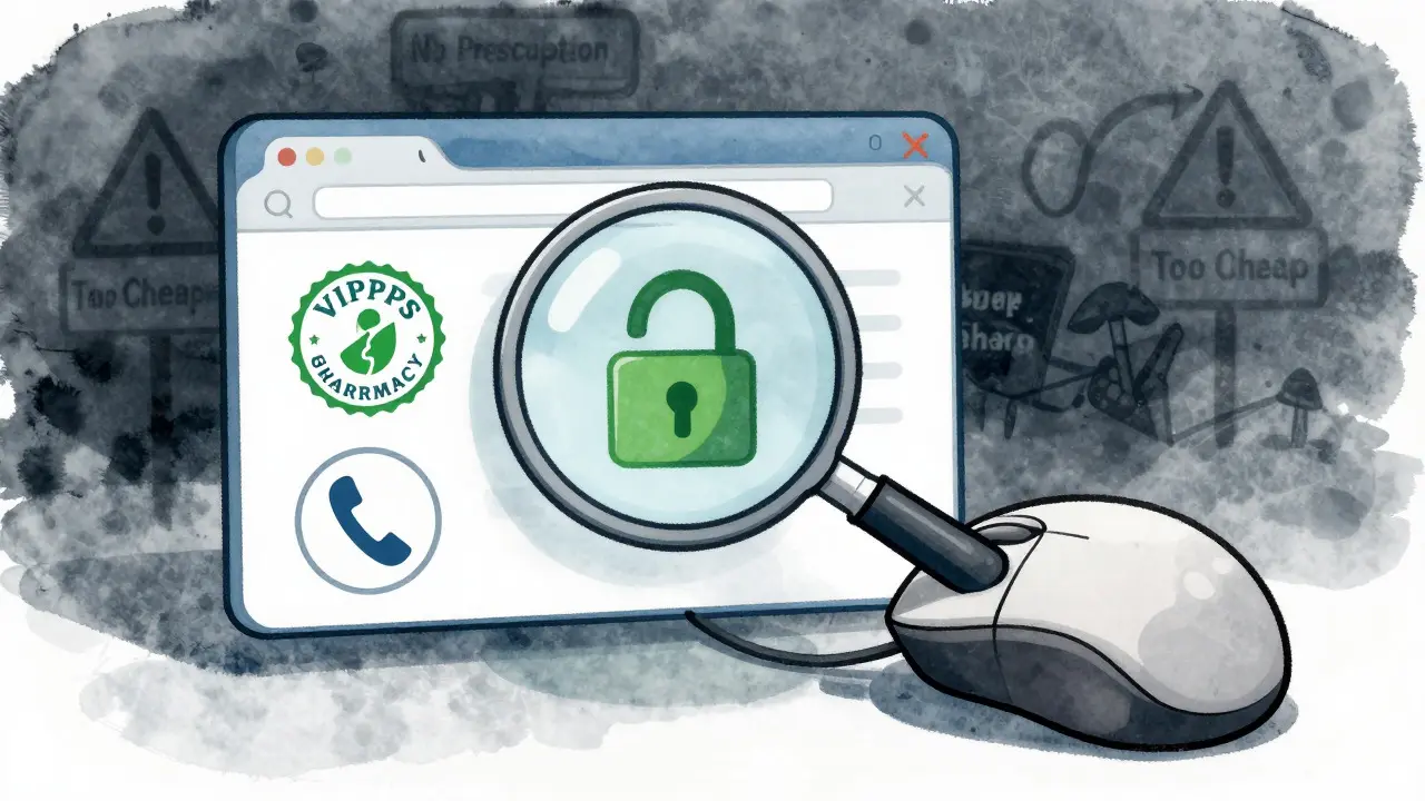 Magnifying glass verifying secure online pharmacy credentials
