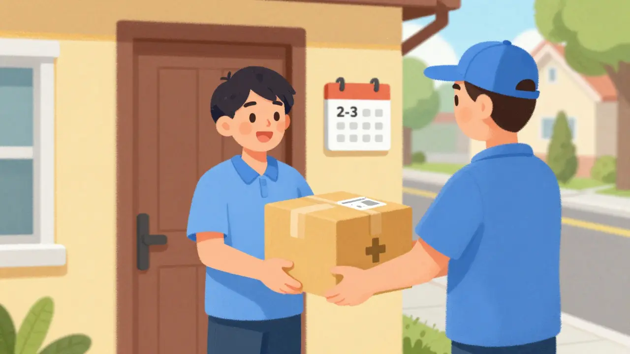 Mail carrier delivering a medication package to a happy customer at their door