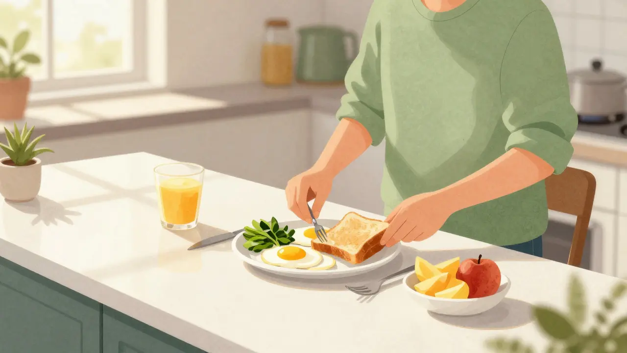 Person preparing a healthy breakfast with eggs and fruit