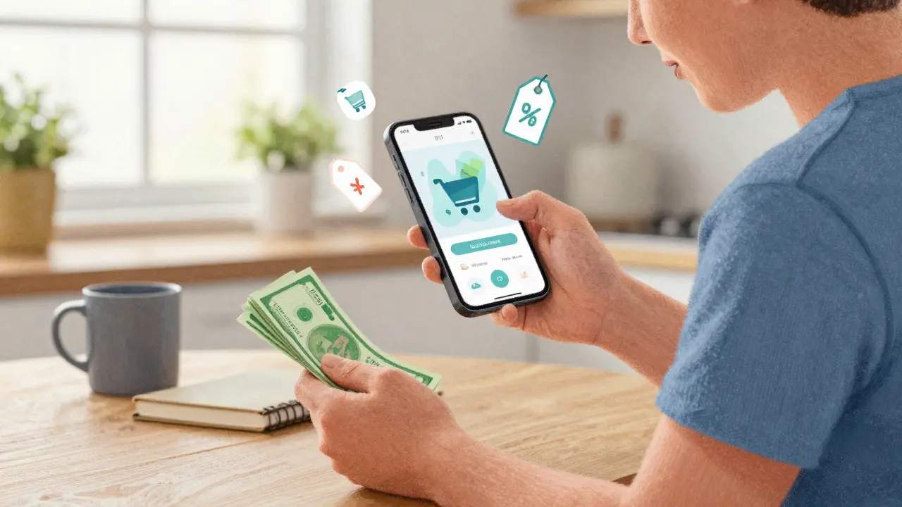 Person using a smartphone to compare prices while holding cash at a kitchen table