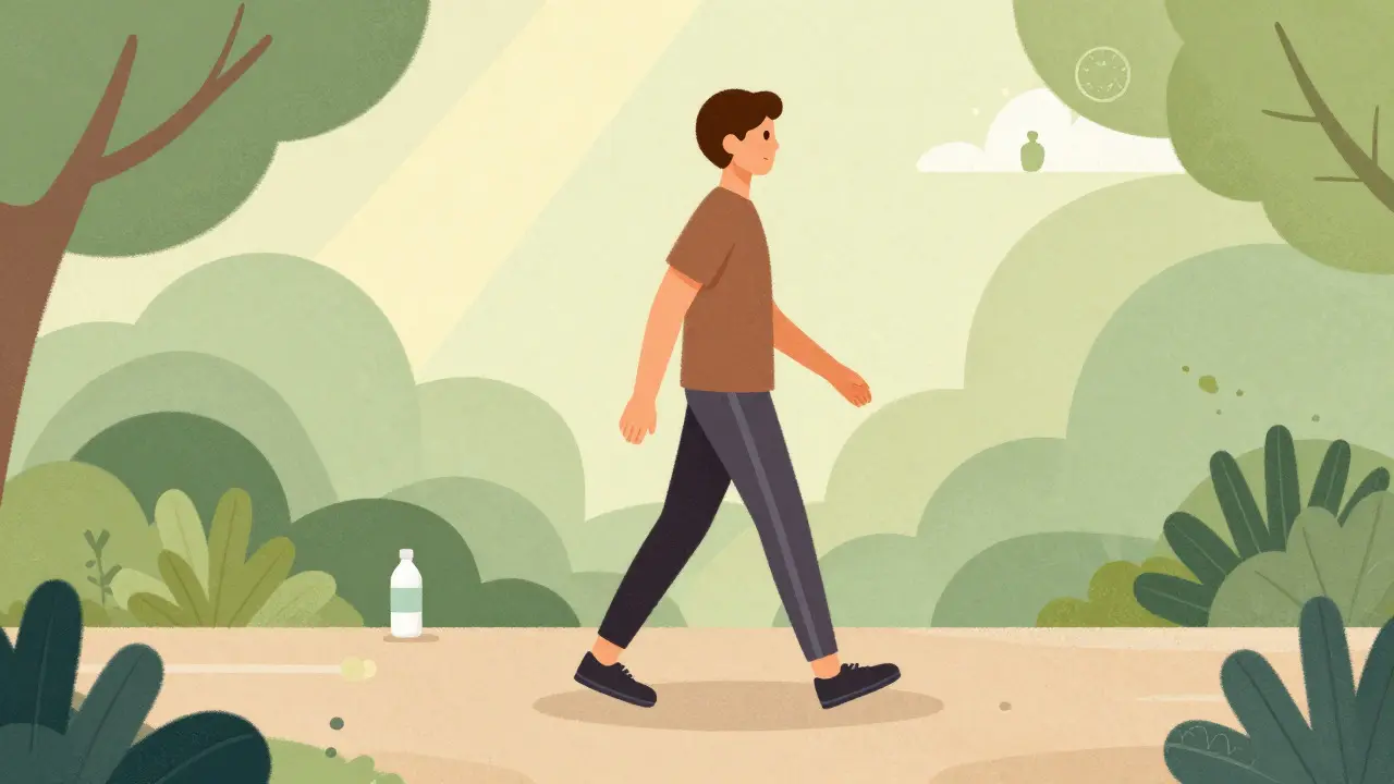 Person walking gently in a calm, natural setting representing safe moderate exercise.