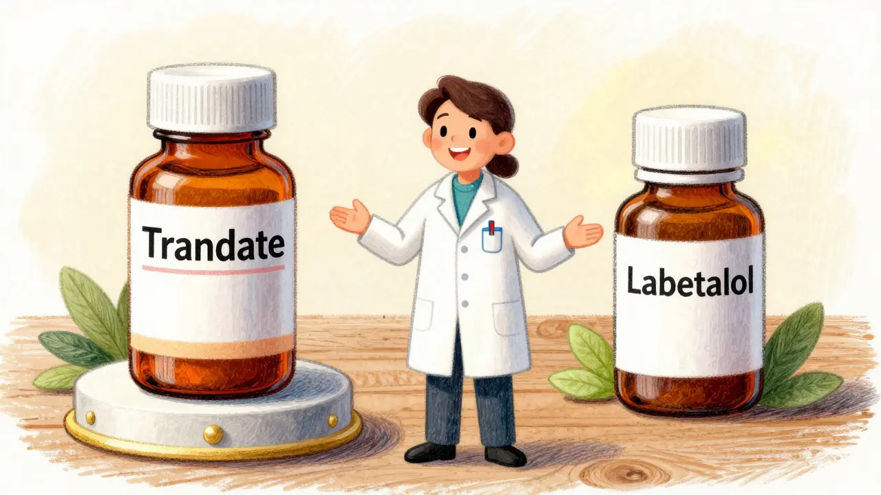 Pharmacist explaining generic labetalol vs brand name Trandate
