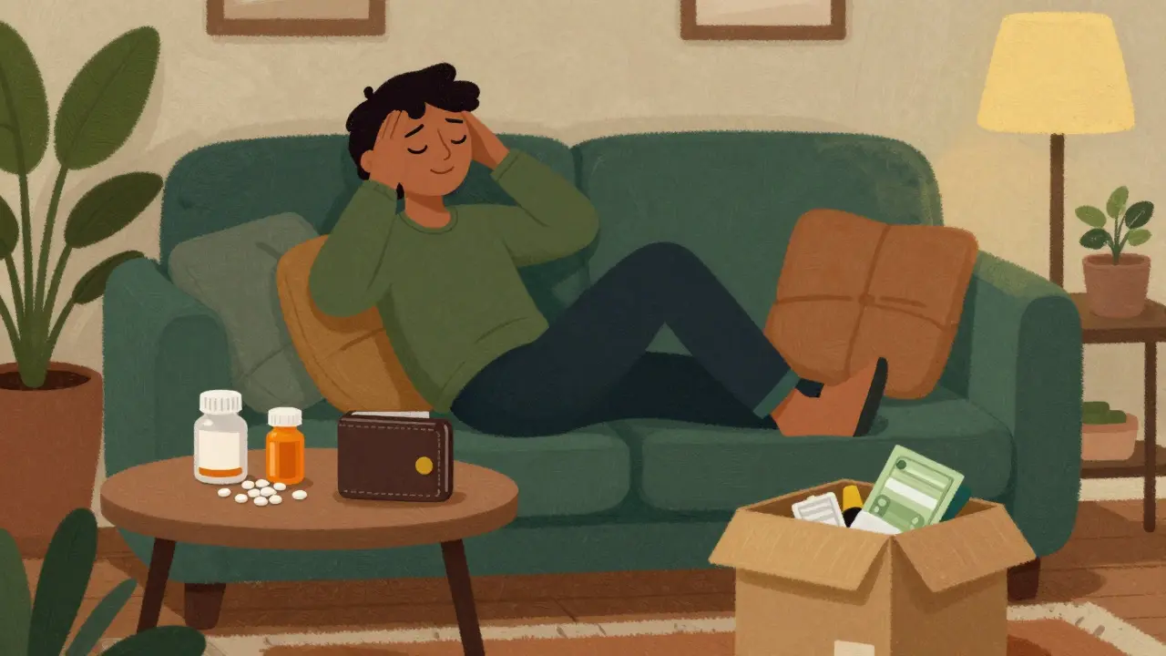 Relaxed person on a sofa with a full wallet and a delivered package of medications