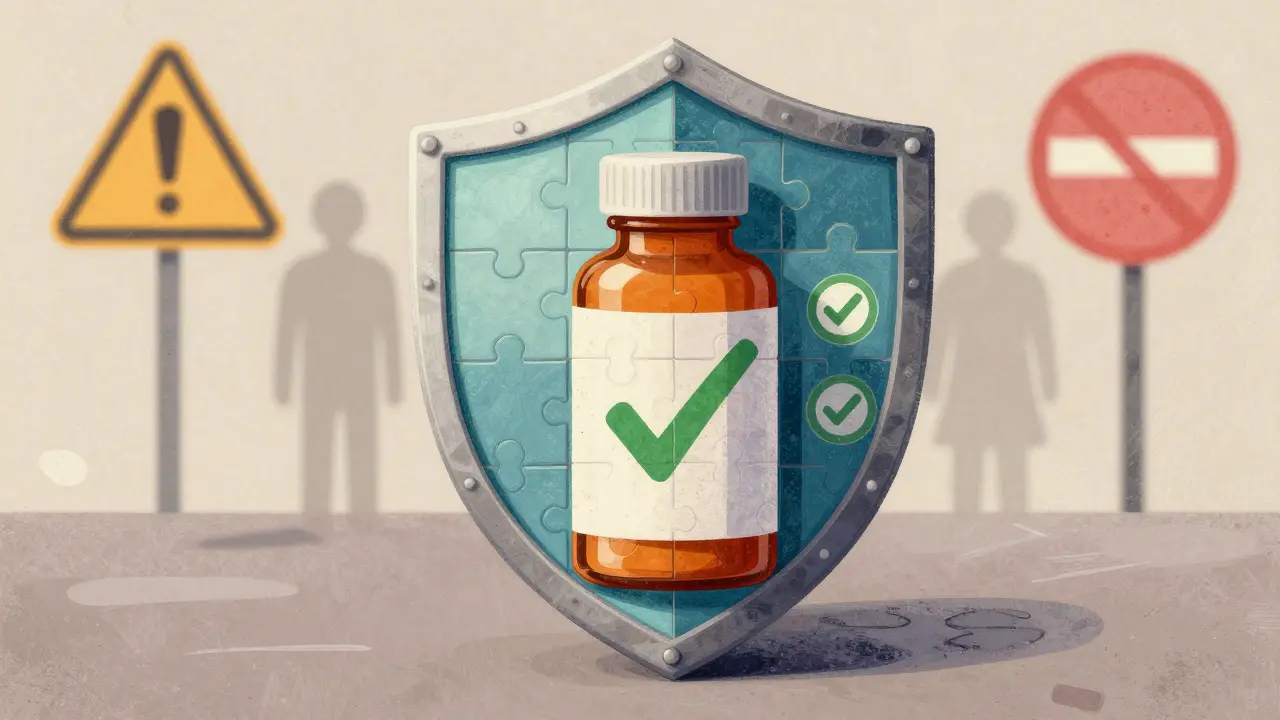Shield protecting medicine bottle from online pharmacy scams and fake sites.