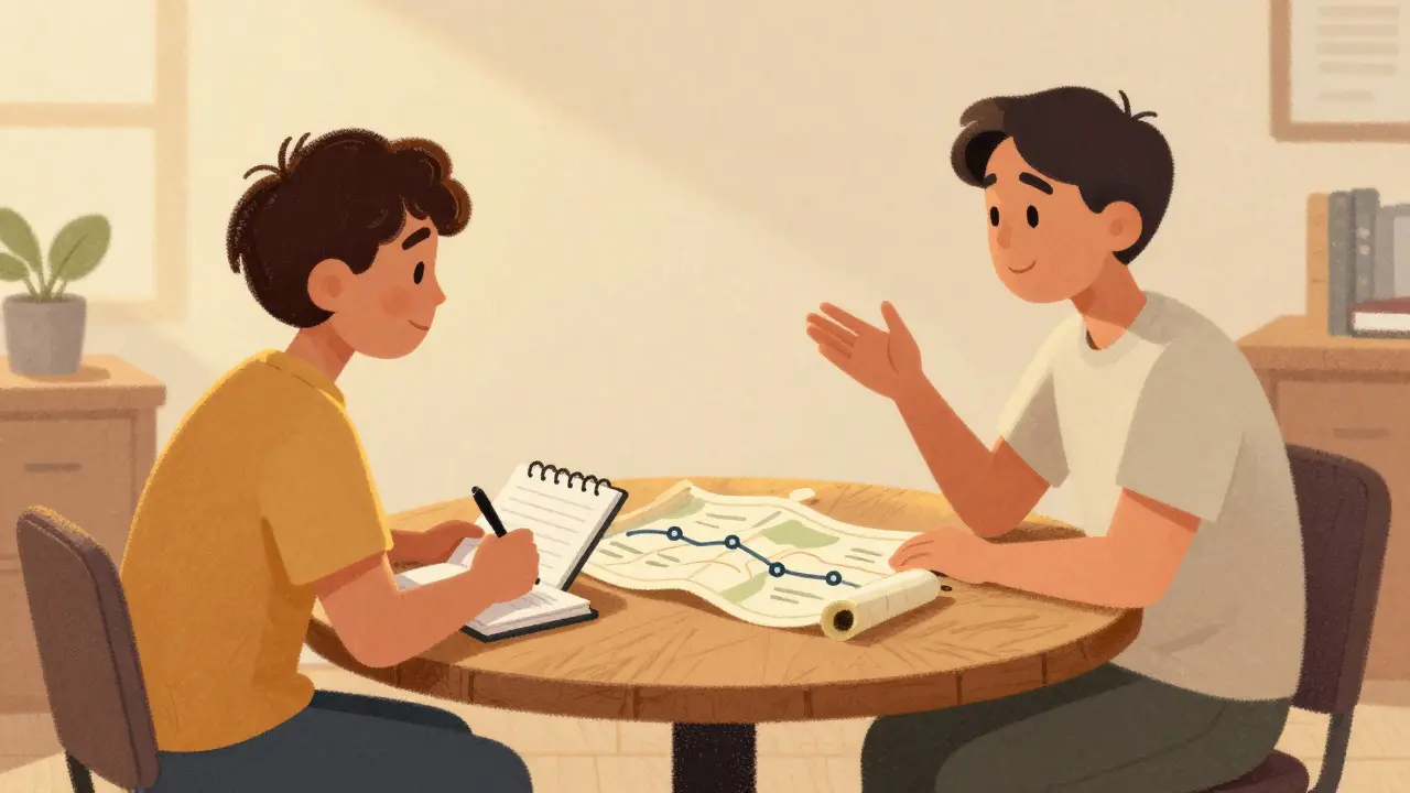 Two people planning a medication taper together at a table in cartoon style