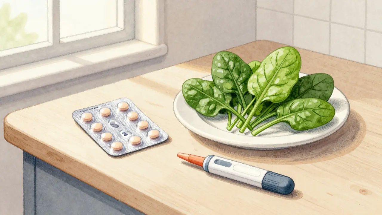 Warfarin pills, leafy greens, and blood test kit on a kitchen table.