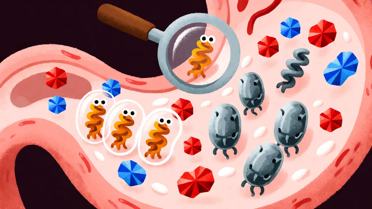Cartoon depiction of antibiotics fighting resistant H. pylori bacteria in the stomach.