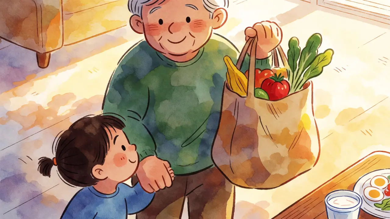 Elderly person lifting groceries confidently with grandchild nearby
