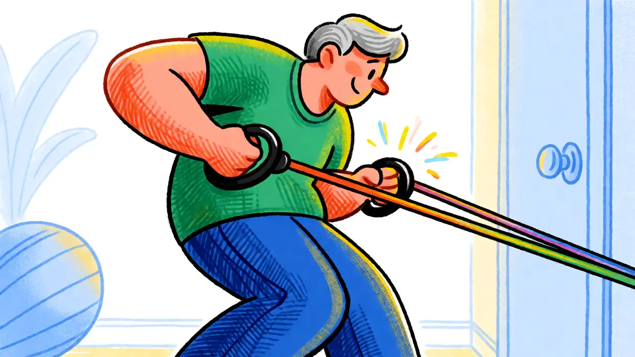Senior exercising with resistance bands in a textured cartoon style
