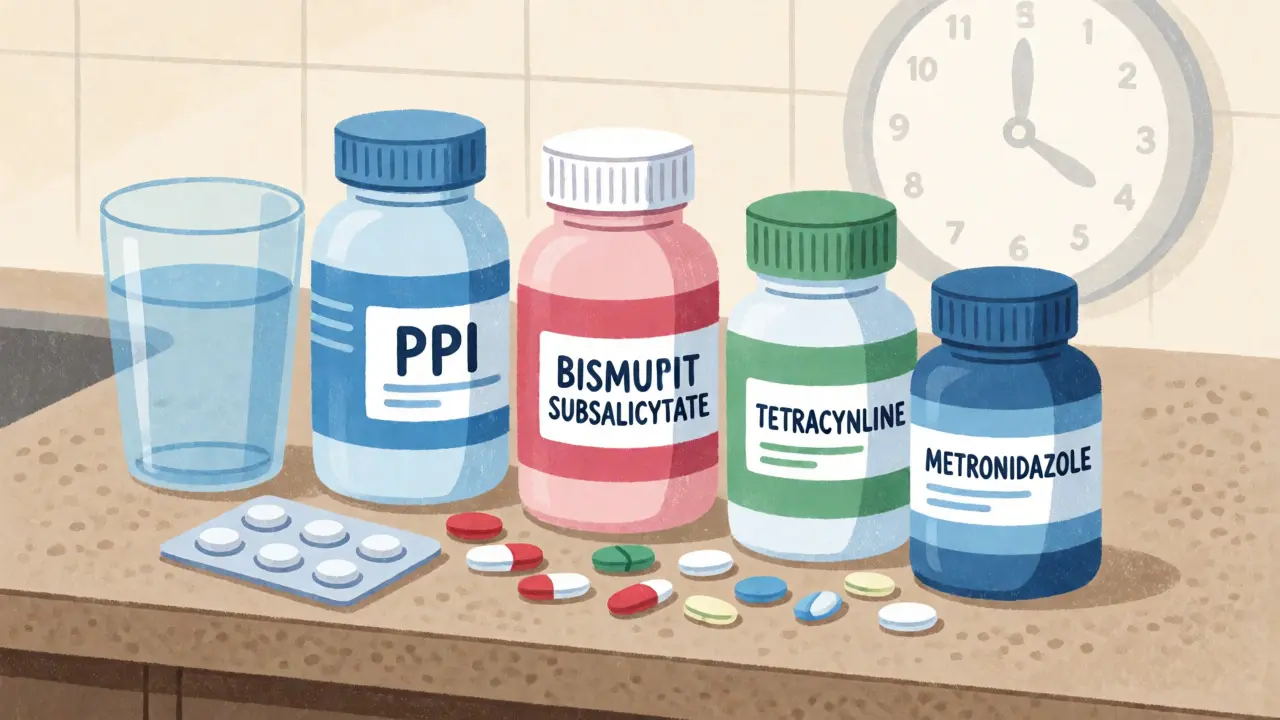 Textured illustration of quadruple therapy medications arranged on a counter.